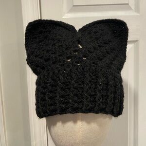 Handmade Crochet Cat Animal Ear Beanie Hat Cozy Ribbed Brim Stretch Winter Hat